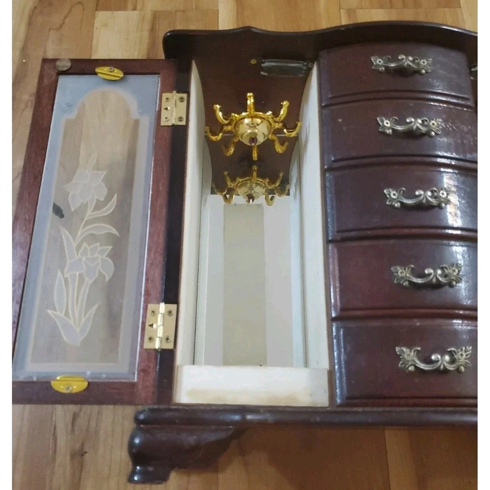 Vintage Wooden Armoire Style Jewelry Box Multiple Drawers FLAWED